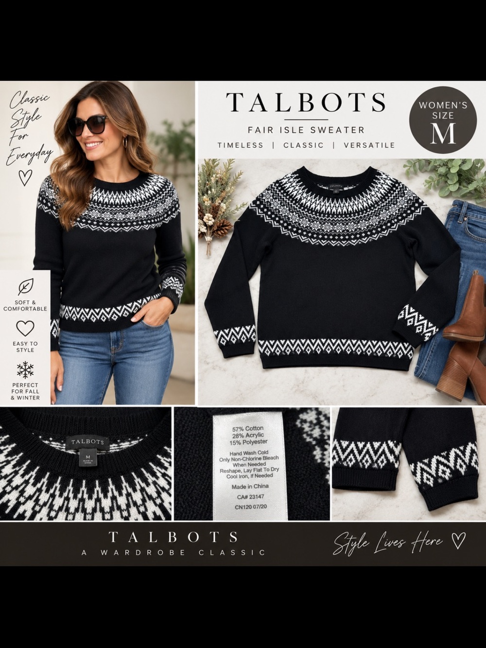 Talbots Women’s Fair Isle Nordic Sweater Black White Size Medium